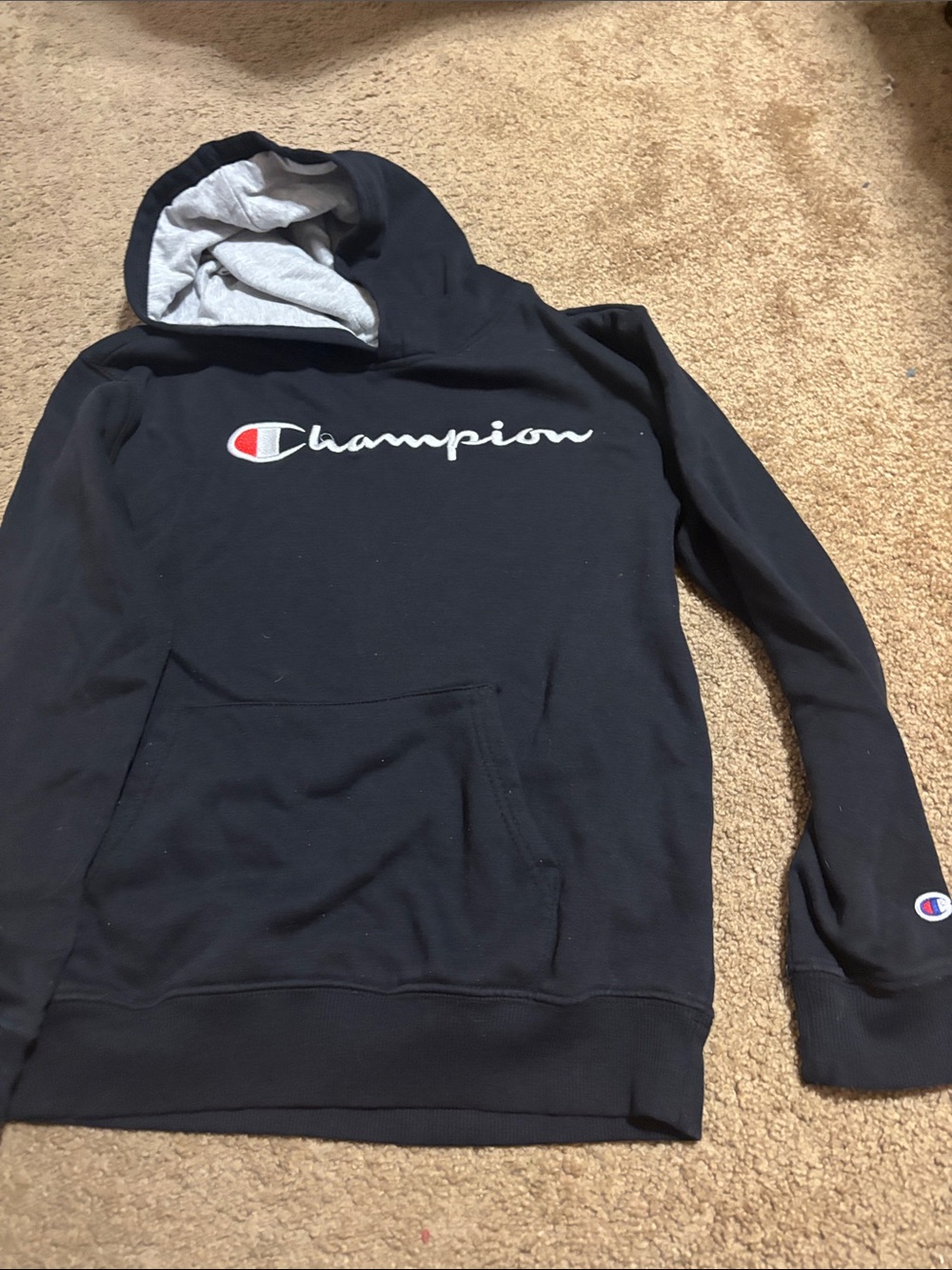 Champion Black Hoodie with Grey Hood Lining and Script Logo